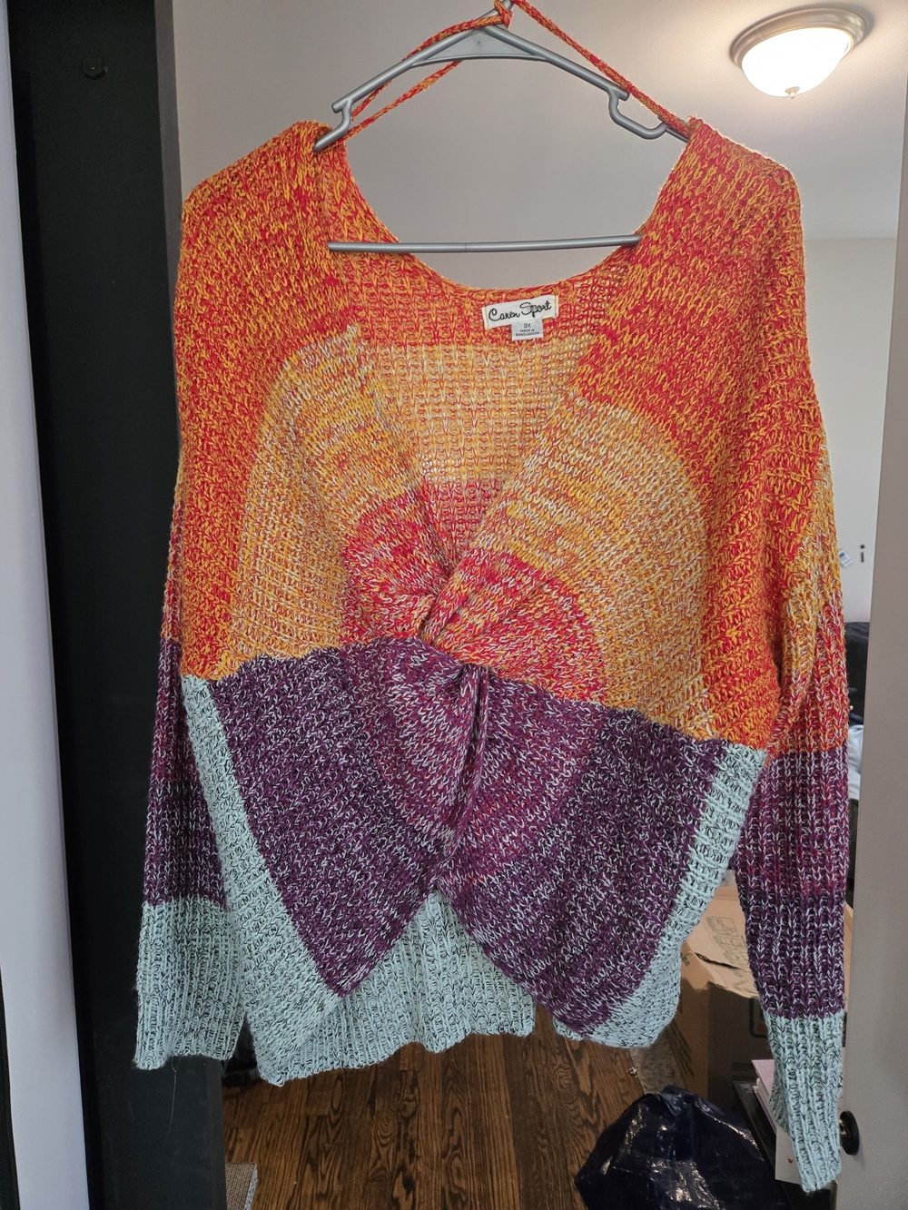 Rainbow Colorblock Twist Front V-Neck Sweater in Orange, Purple, Mint